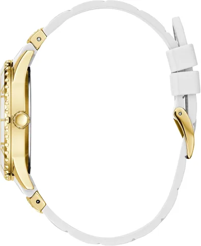 Vista 2 de GUESS Reloj para mujer de 1.496in, correa blanca, esfera blanca, caja dorada, Blanco