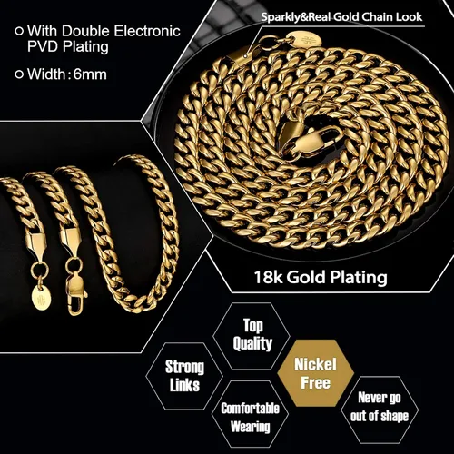 Vista 2 de KRKCCO - Cadena de eslabones cubanos Miami de 6890394in para hombre chapado en oro de 18 quilates antideslustre antialergias collar de cadena