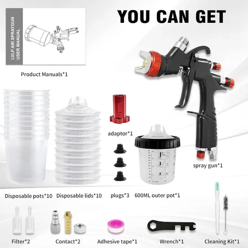 Vista 5 de RRJ A610 LVLP - Kit de pistola de pulverización de aire, pistolas de pintura automotriz de 0.051 in con taza mezcladora de 22.0 fl oz y 10 vasos