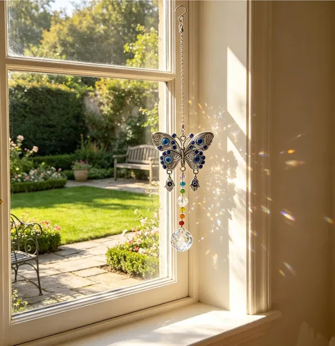 Vista 6 de Atrapasoles colgante de ventana con cristal, mariposa azul para jardín colgante de arco iris (mariposa)