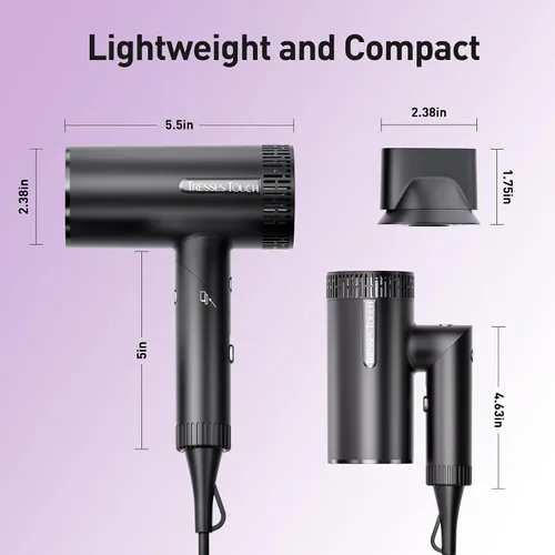 Vista 2 de Secador de pelo, secador iónico de alta velocidad, potente motor de 1600 vatios para secado rápido y cabello lacio y ondulado, plegable, ligero