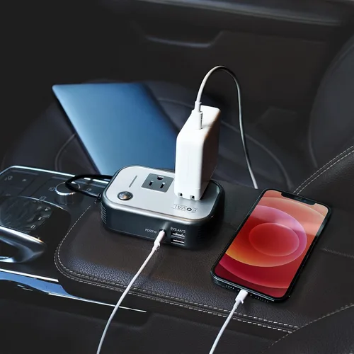 Vista 7 de FOVAL Inversor de corriente para automóvil de 200 W, CC 12 V a 110 V CA, cargador rápido para portátil con convertidor [USB-C PD de 27 W] y puertos