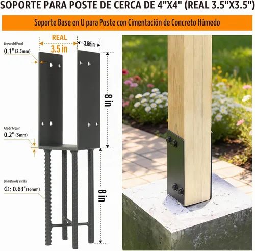 Vista 2 de 1 paquete de acero inoxidable resistente en forma de U de 4 x 4 pulgadas (real 3.5 x 3.5 pulgadas), soporte para poste de valla de hormigón húmedo