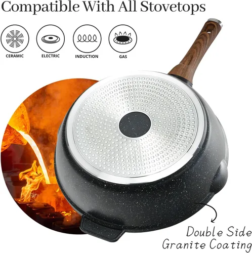 Vista 6 de Sartén antiadherente de 12 pulgadas con tapa y espátula, sartén jumbo de 6 cuartos de galón con boquilla de vertido, wok de chef de granito