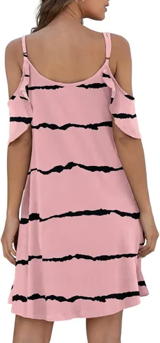 Vista 4 de Jouica Vestido de verano casual con tirantes delgados para mujer, hombros descubiertos, mangas con volantes y bolsillo