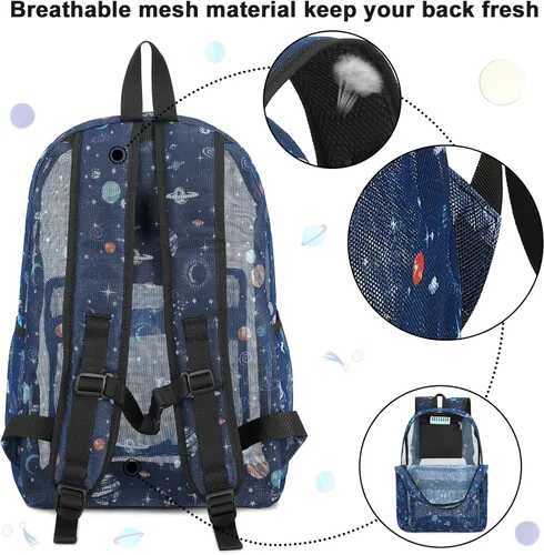 Vista 4 de CAMTOP Mochila de malla para niños y niñas, mochila transparente para preescolar, mochila casual para escuela, playa, viajes, deportes, Azul