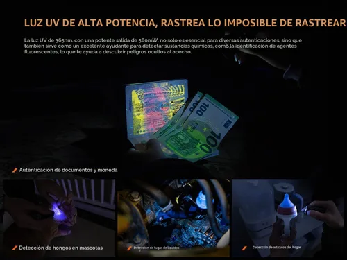 Vista 3 de Fenix E06R - Llavero LED recargable por USB, 700 lúmenes, luz UV/luz negra con estuche EdisonBright (turquesa)