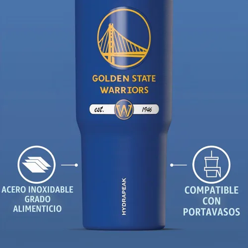 Vista 4 de Hydrapeak x NBA Vaso Nomad con Licencia Oficial de Golden State Warriors de 32 oz con Asa y Tapa con Popote, Botella de Agua de Acero Inoxidable a