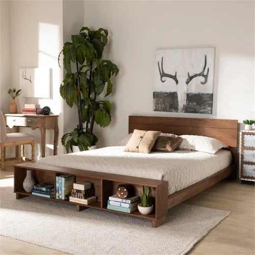 Vista 2 de Baxton Studio Regina - Cama de almacenamiento moderna de madera rústica con acabado marrón nogal y estantes integrados