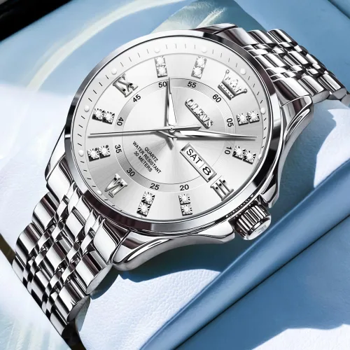 Vista 16 de OLEVS - Relojes de diamantes para hombres, relojes de vestir a prueba de agua, relojes analógicos de cuarzo de lujo con calendario de fecha y correa