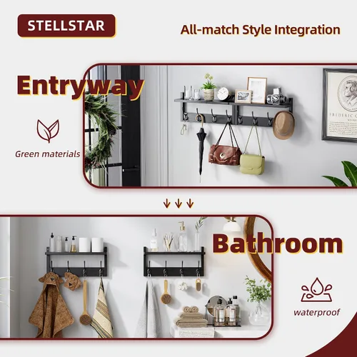 Vista 6 de STELLSTAR Perchero con estante, paquete de 2 perchas de bambú para montar en la pared con 8 ganchos para entrada, pasillo, cocina, baño, sala