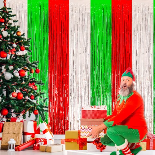 Vista 2 de Paquete de 2 cortinas navideñas con flecos de papel de aluminio para Verde Rojo Astilla