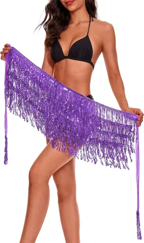 Vista 6 de Belly Dance Skirt Fringe Skirt Sequins Tassel Hip Scarf Rave Party Dance Performance Costume for Women and Girls