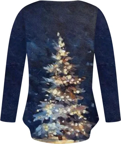 Vista 4 de Camisetas Manga Larga para Mujer Estampado Patrones navideños, Camisetas Estampado de árbol de Navidad y Papá Noel