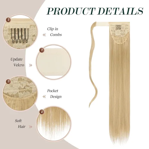 Vista 3 de FESHFEN Extensiones de Cola de Caballo - 24 Pulgadas de Largo Liso Rubio Dorado Envolvente Colas de Caballo Sintéticas Pieza de Cabello Extensiones