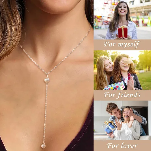 Vista 7 de Collares de perlas de plata para mujer, chapado en oro de 14 quilates, delicado, simple, gargantilla de gota en Y, collar de perlas blancas