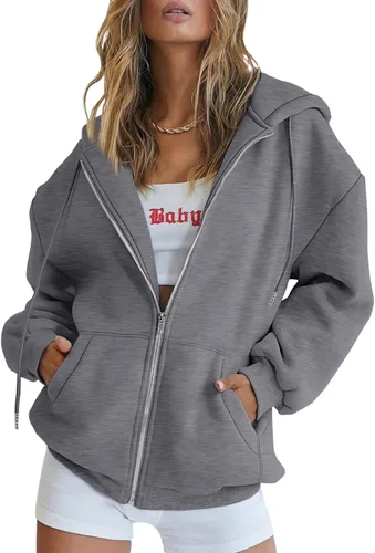 Vista 11 de EFAN Sudaderas con capucha lindas para mujer con cordón y cremallera, chaqueta de otoño de gran tamaño, sudaderas casuales con bolsillo Negro