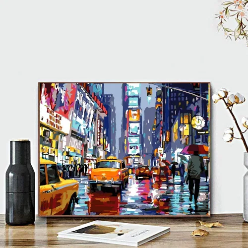 Vista 3 de QUITEDEW Kit de pintura por números para adultos, Times Square para adultos, kits de pintura por números, paisaje de calle, pintura cuadrada