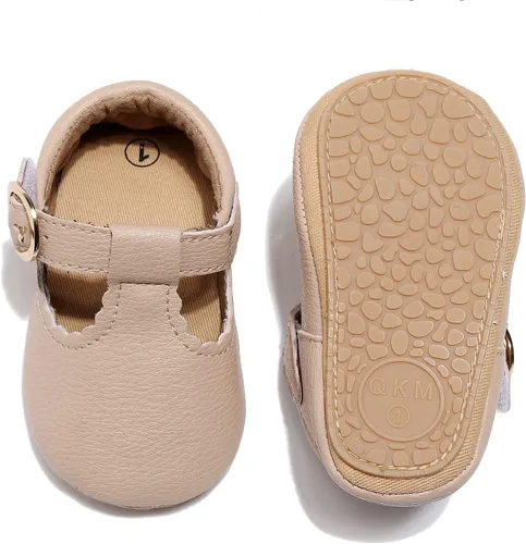 Vista 4 de HONGTEYA Zapatos planos Mary Jane para bebés y niñas, antideslizantes, para los primeros pasos, suela suave, piel sintética, zapatos de cuna