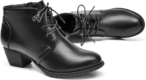 Vista 5 de VJH confort Botines para mujer, con cordones, punta redonda, cómodos, de tacón bajo, con cremallera lateral