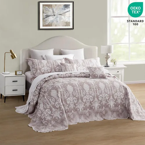 Vista 6 de Edredón extragrande para cama King, diseño de patrón damasco matelasse de jacquard, ligero, reversible, 5 piezas, 100% microfibra, pasta de frijol