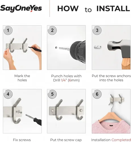 Vista 7 de Perchero pequeño de montaje en pared, de níquel cepillado, de acero inoxidable de 6 pulgadas, con 2 ganchos dobles resistentes, colgador de pared