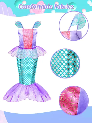 Vista 2 de Evimis Mermaid Dress Up Clothes for Girls- Cosplay Accessories, Princess Mermaid Costume for Girls Age 3 4 5 6 7 8