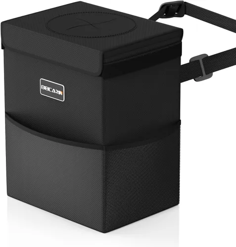 Vista 9 de Beicarin Papelera para coche con tapa, bolsa de basura para colgar con bolsillos de almacenamiento, plegable y portátil, organizador de auto a