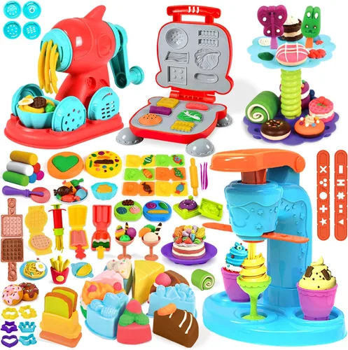 Vista 9 de SOCBTNSO Juego de masa 3 en 1, 59 piezas para niños de 4 a 8 años, kit de herramientas de masa con máquina para hacer helados, fideos