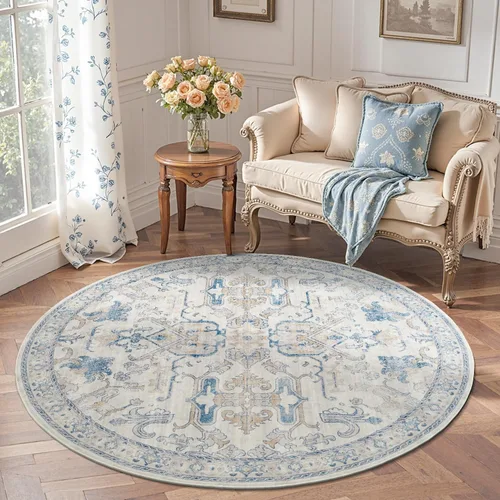 Vista 346 de jinchan Lima - Alfombra simétrica floral geométrica lavable, alfombra de entrada de medio círculo de 2 x 3, alfombra de media luna, suave y Azul