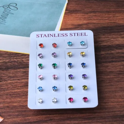 Vista 6 de Juego de 12 pares de aretes de tuerca de acero inoxidable con circonita cúbica para mujer, juego de aretes de tuerca con piedra natal multicolor