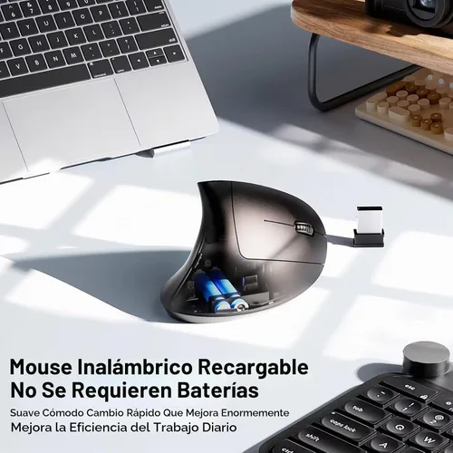 Vista 7 de Ratón inalámbrico vertical ergonómico, elegante, recargable, 2.4G, ratón óptico inalámbrico con receptor USB, 800/1200/1600 DPI, 5 botones