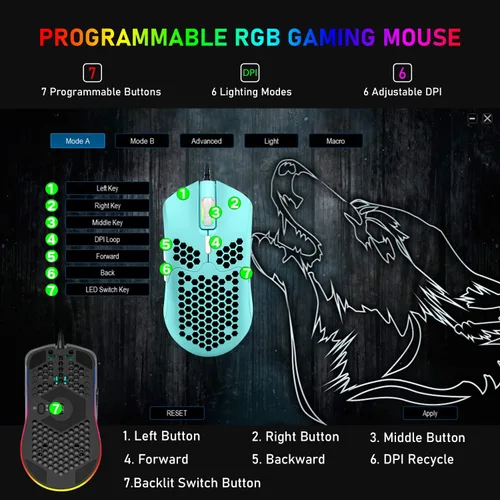 Vista 5 de ZIYOU LANG Ratón ligero con cable para juegos, 6 RGB retroiluminado con 7 botones programables, mouse de computadora de 6400 DPI, cable ultra ligero