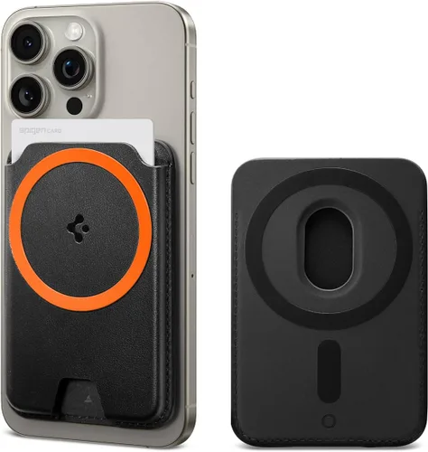 Vista 8 de Spigen para Billetera MagSafe, Sostiene 2 Tarjetas, MagFit Compatible con Modelos iPhone 17/16/15/14/13/12, Serie Pixel 10, Fundas MagSafe Pu Negro