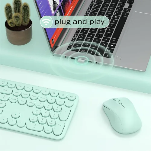 Vista 8 de Combo de teclado y mouse inalámbricos, 110 teclas silenciosas redondas, mouse óptico ajustable, 1 receptor USB, interruptor de alimentación