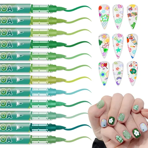 Vista 14 de IONSGAKO Juego de bolígrafos de arte de uñas de 12 colores, bolígrafos de esmalte de uñas, bolígrafo de dibujo de arte de uñas, secado rápido