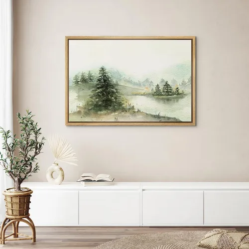 Vista 4 de wall26 Lienzo enmarcado de arte de pared, acuarela en tonos pastel, pino, árbol, bosque, lago, naturaleza, ilustraciones de área silvestre, arte