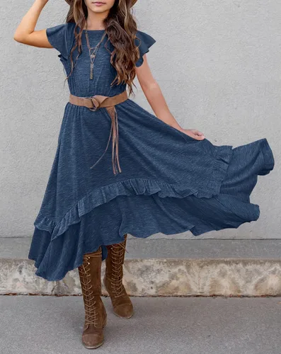 Vista 2 de MITILLY Vestido largo maxi suelto liso de manga 3/4 casual con bolsillos y volantes estilo swing con cinturón para niñas 01 Azul oscuro fultter