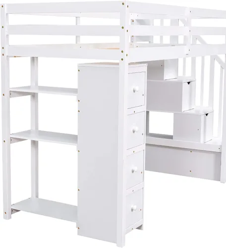 Vista 7 de VilroCaz Cama loft multifuncional de tamaño individual con cajones de almacenamiento y escalera, marco de cama de madera maciza con barandilla