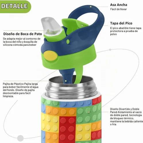 Vista 4 de Kigai Botella de agua pequeña para niños, 12 onzas, bloques de construcción, botella aislada con tapa con pajilla, vaso de acero inoxidable, vaso