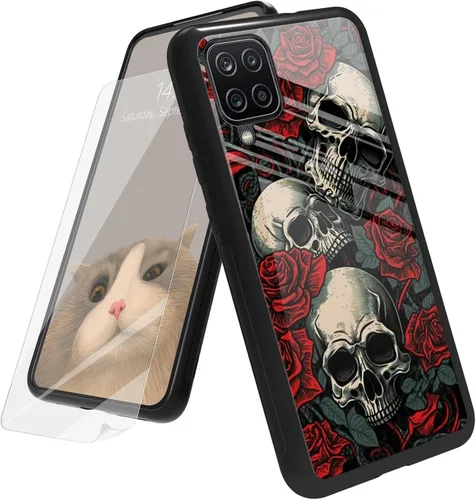 Vista 90 de Funda para Samsung Galaxy A12 5G con protector de pantalla, parte trasera de vidrio templado + TPU de silicona suave que absorbe los golpes