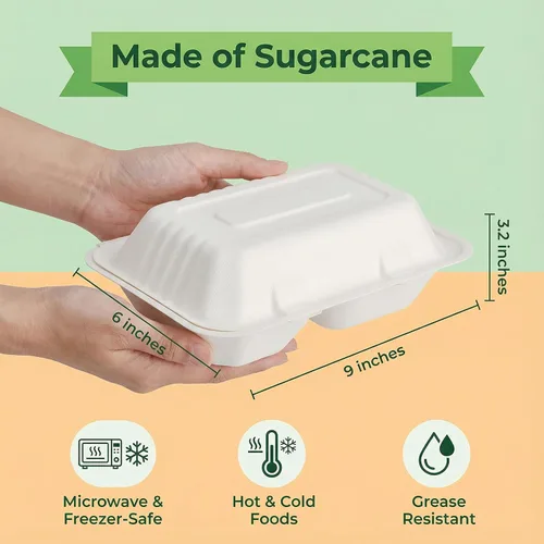 Vista 2 de Elsjoy Paquete de 90 recipientes para llevar con 2 compartimentos, contenedores de alimentos compostables con bisagras de 9 x 6 pulgadas, cajas