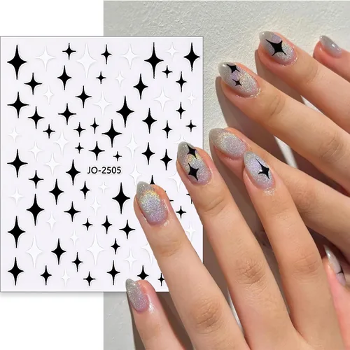 Vista 8 de CHANGAR Starlight - 6 hojas de calcomanías de uñas con lazo de estrella blanca y negra, suministros para mujeres y niñas, accesorios de manicura