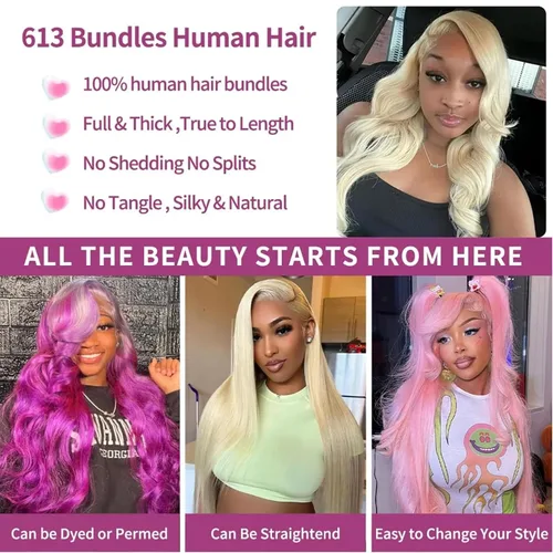Vista 5 de 613 paquetes de cabello humano rubio de 12 pulgadas, 100% sin procesar, grado 12A, cabello humano virgen brasileño, 1 manojos de extensiones