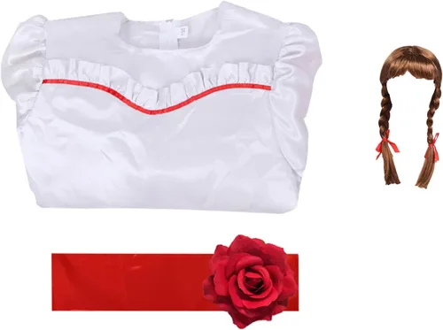 Vista 6 de Occipa Disfraz de Annabelle de la película de terror para adultos y niños, vestido blanco para cosplay de Anna con cintura, peluca de Annabelle