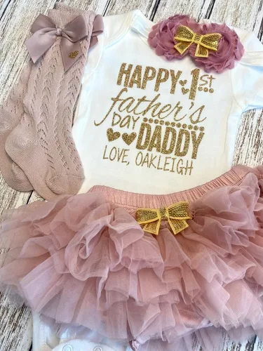 Vista 3 de Regalo personalizado para el Día del Padre, traje de bebé niña con nombre personalizado rosa y dorado opcional tutú Bloomers diadema y calentadores