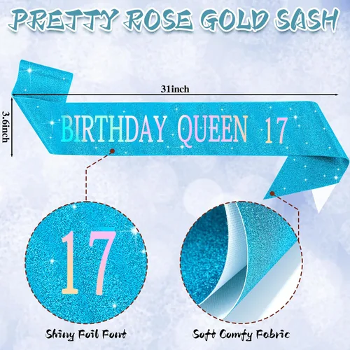 Vista 4 de Crowye Decoraciones de cumpleaños número 17, corona de tiara de 17 años, banda, decoración para tartas, velas, suministros para fiestas, regalos Azul