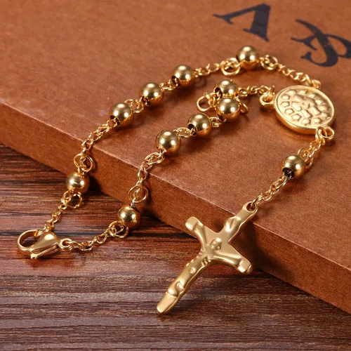 Vista 3 de Cupimatch Religious Stainless Steel Beaded Rosary Cross Charm Bracelet for Men Women 8.6", Gold