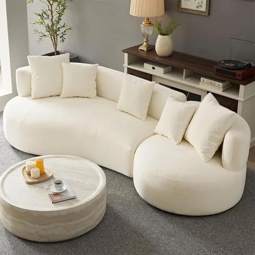 Vista 29 de KEVINSPACE Sofá curvo de 101 pulgadas, 4 asientos, moderno sofá de tela boucle de lujo, sofás de respaldo curvado de mediados de siglo, moderno