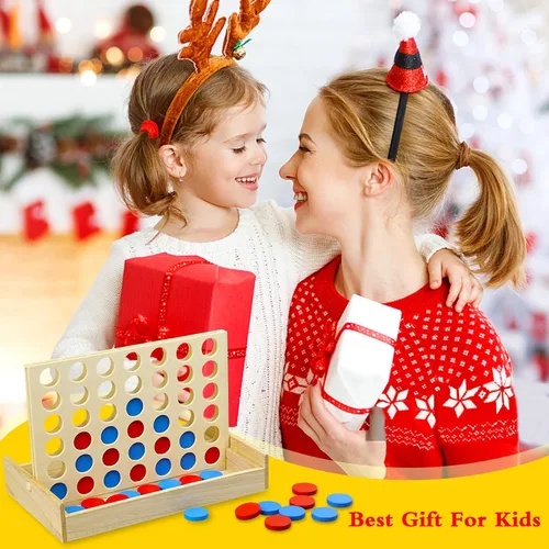 Vista 2 de Juego de mesa de madera 4 en una fila, línea plegable para 4 juegos, juguete clásico de estrategia familiar, juego de conexión de madera para niños
